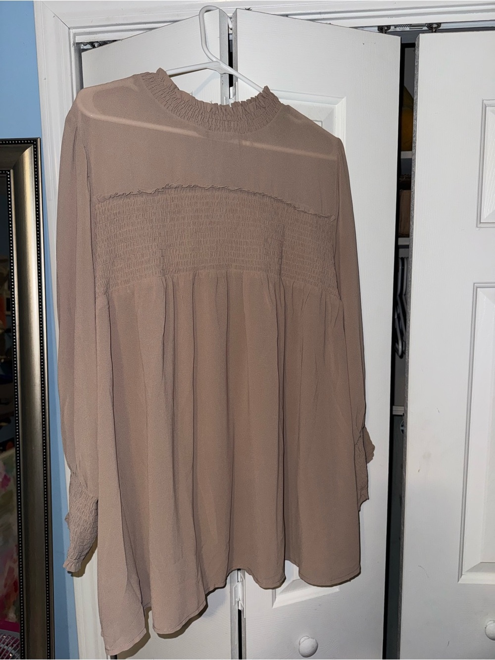 Smocked Neck Long-Sleeve Women's Blouse — Taupe